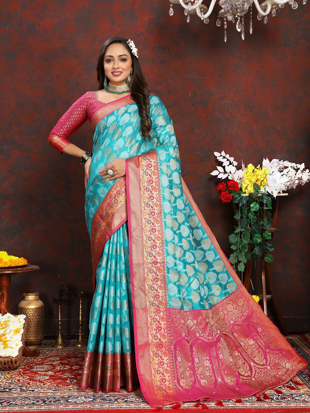 

Anaita Ethnic Motifs Woven Design Zari Banarasi Saree, Blue