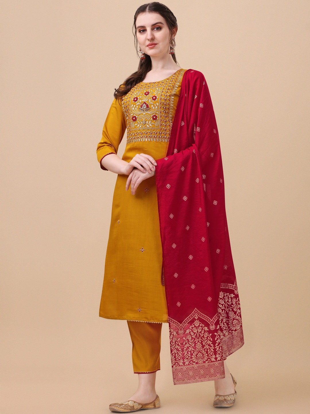 

KALINI Ethnic Motifs Embroidered Chanderi Cotton Kurta with Trousers & Dupatta, Mustard