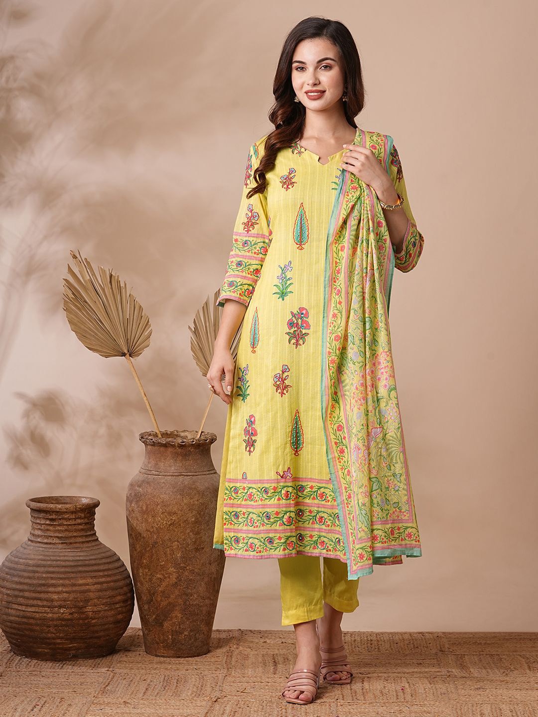 

FASHOR Ethnic Motifs Printed Mirror Work Pure Cotton Kurta With Trousers & Dupatta, Yellow