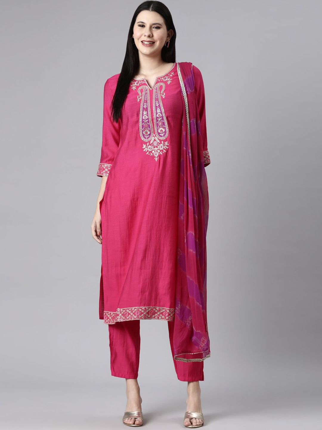 

Neerus Paisley Embroidered Kurta with Trouser & Dupatta, Pink
