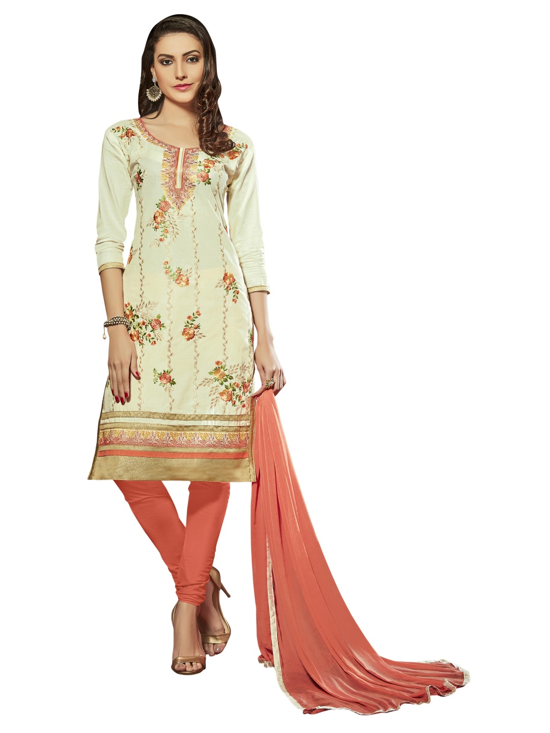 

Maroosh Floral Embroidered Unstitched Dress Material, Cream