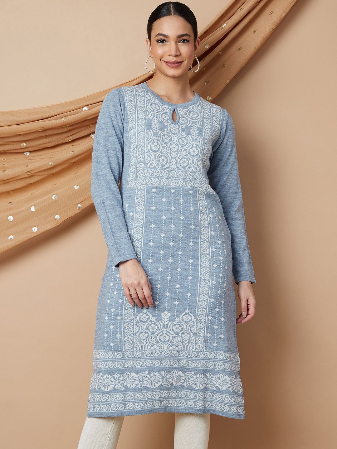 

Melange by Lifestyle Ethnic Motifs Woven Design Keyhole Neck Acrylic Straight Kurta, Blue