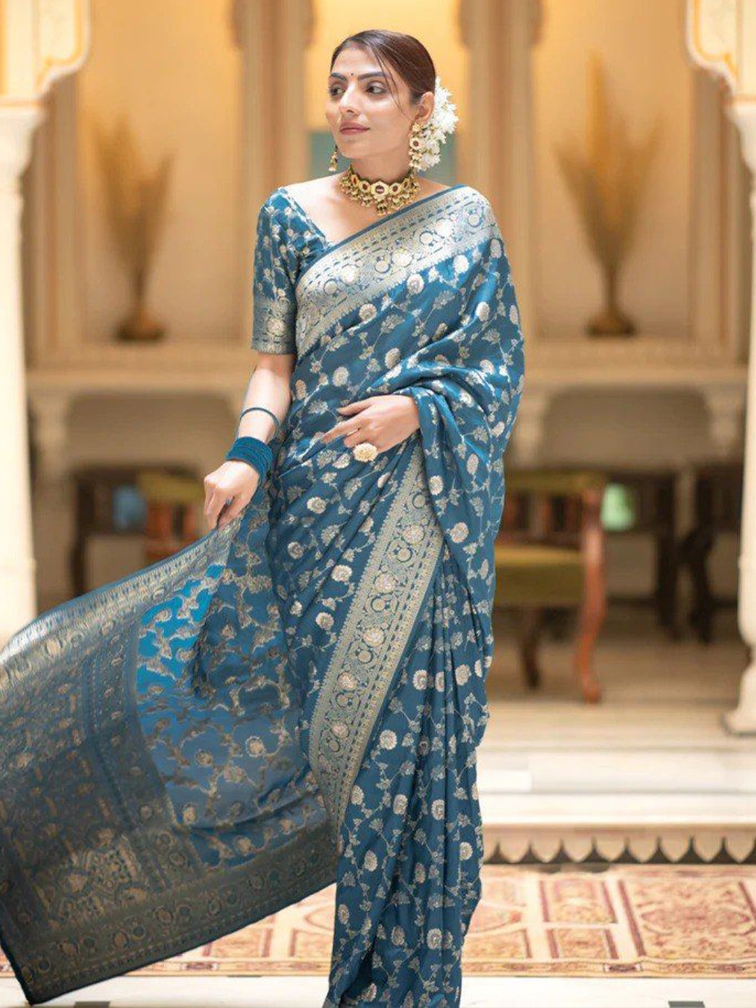 

Fashion Booms Ethnic Motifs Woven Design Zari Pure Silk Banarasi Saree, Teal