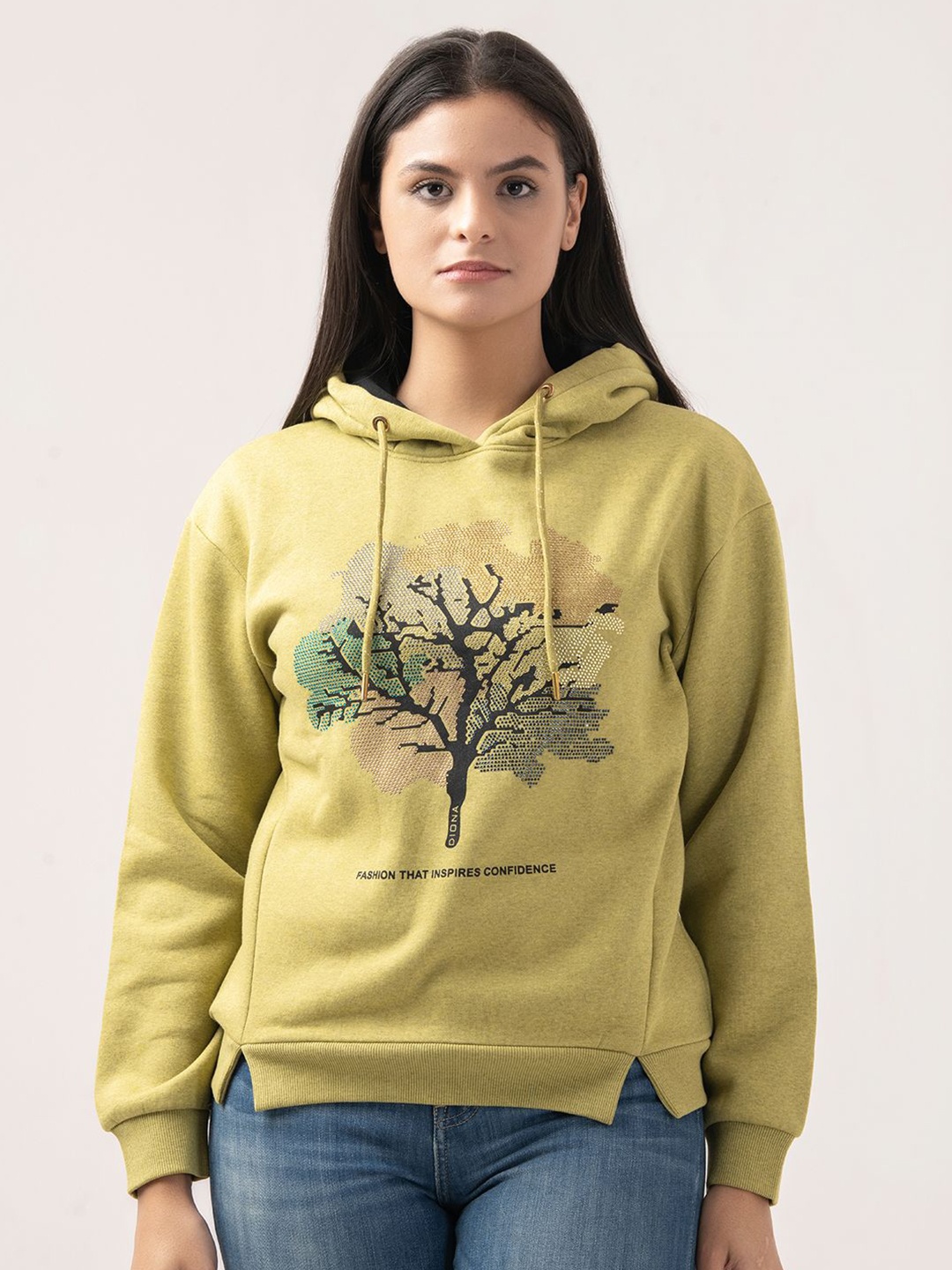 

Albion By CnM Women Printed Hooded Sweatshirt, Lime green