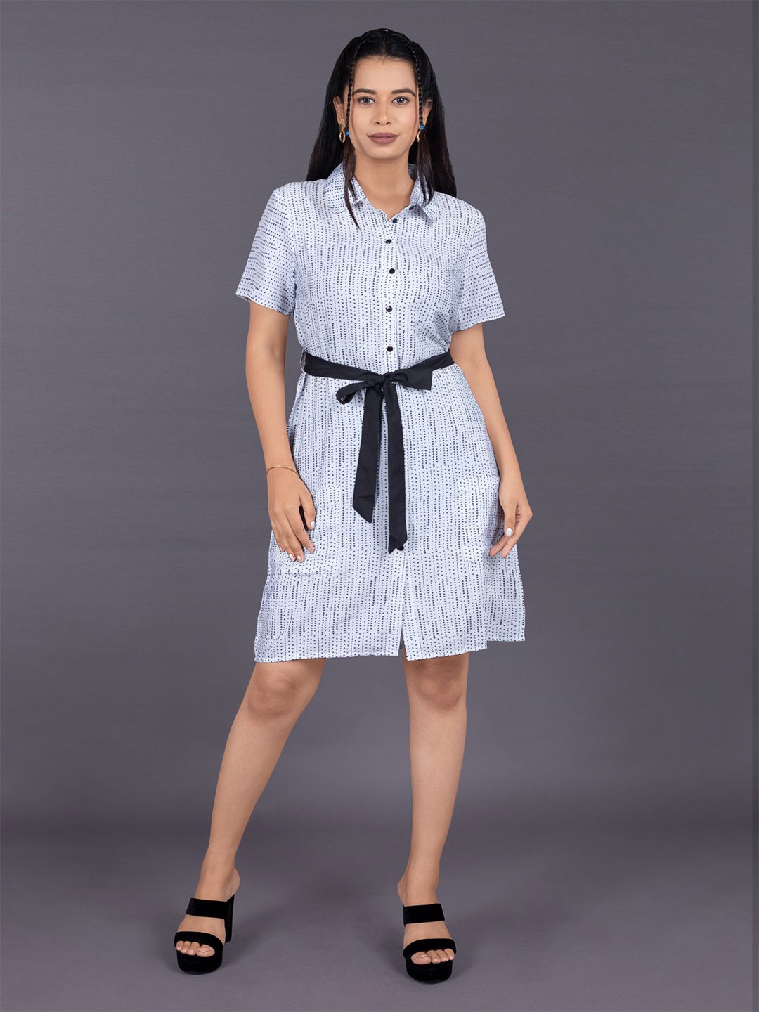 

La Aimee Geometric Printed Crepe Shirt Dress, White