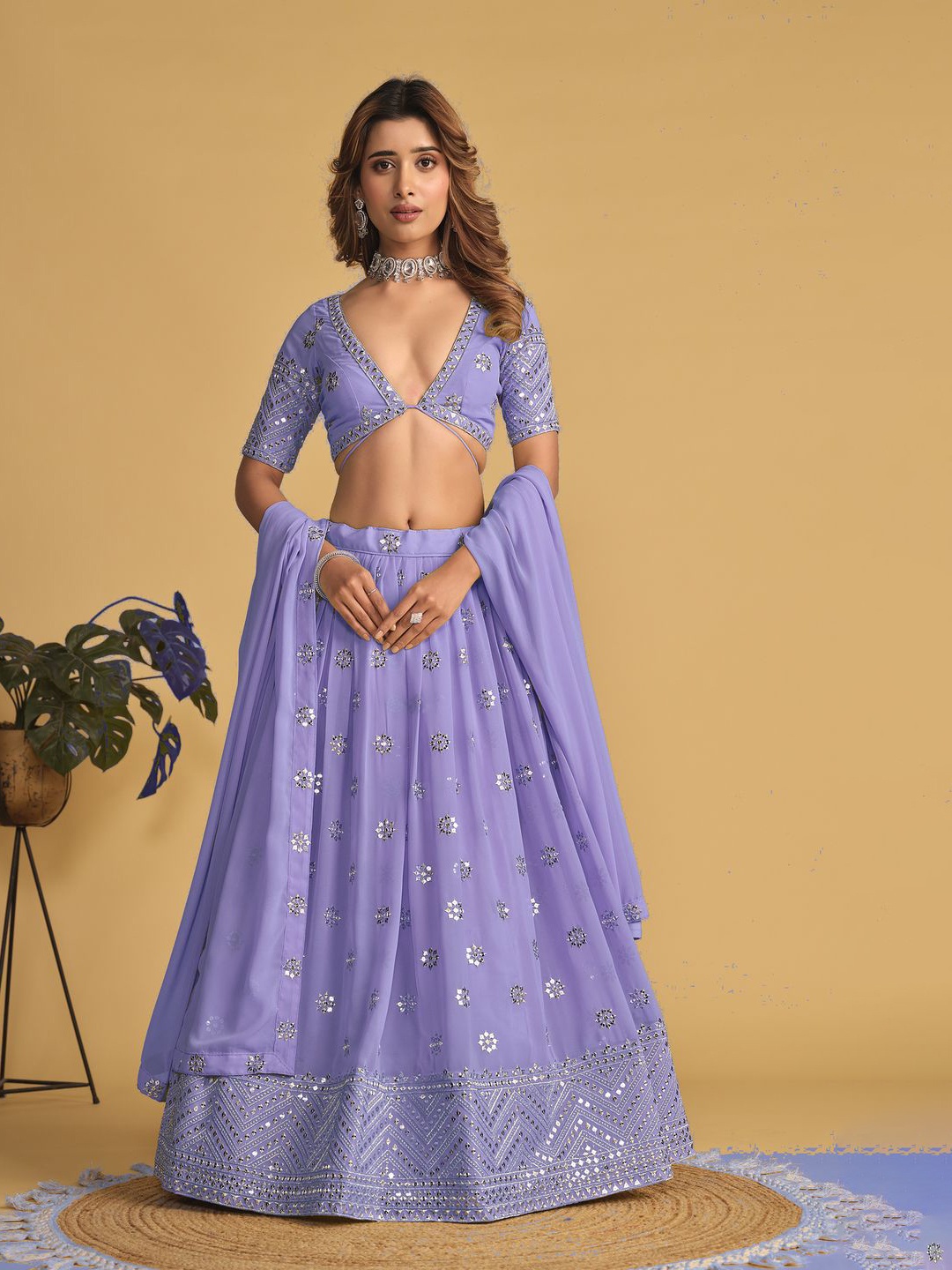 

YOYO Fashion Embroidered Sequined Semi-Stitched Lehenga & Unstitched Blouse With Dupatta, Lavender