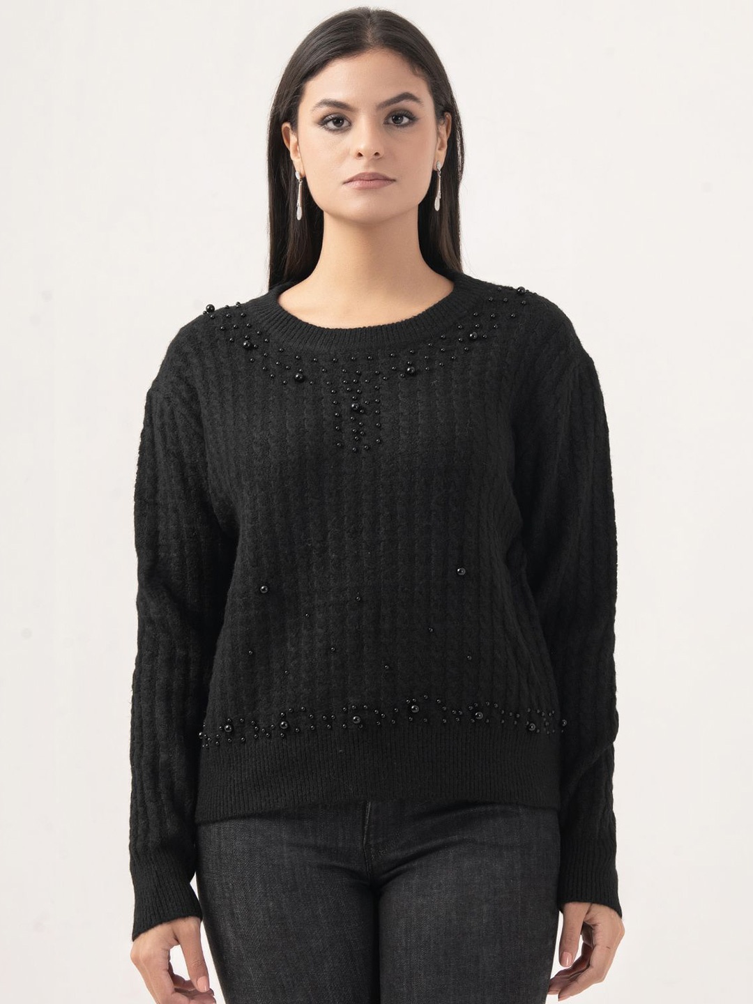 

Albion By CnM Women Cable Knit Pullover with Embellished Detail, Black