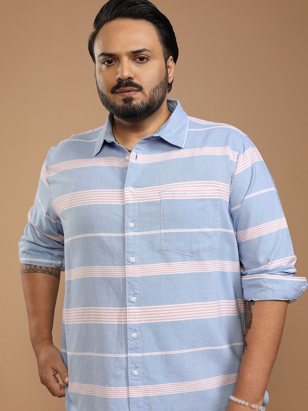 

HIGHLANDER Men Horizontal Stripes Opaque Striped Casual Plus size Shirt, Blue