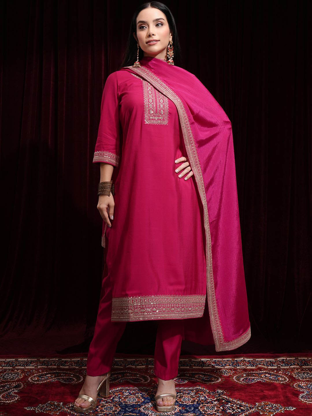 

Vishudh Floral Embroidered Sequinned Round Neck Straight Kurta with Palazzos & Dupatta, Pink