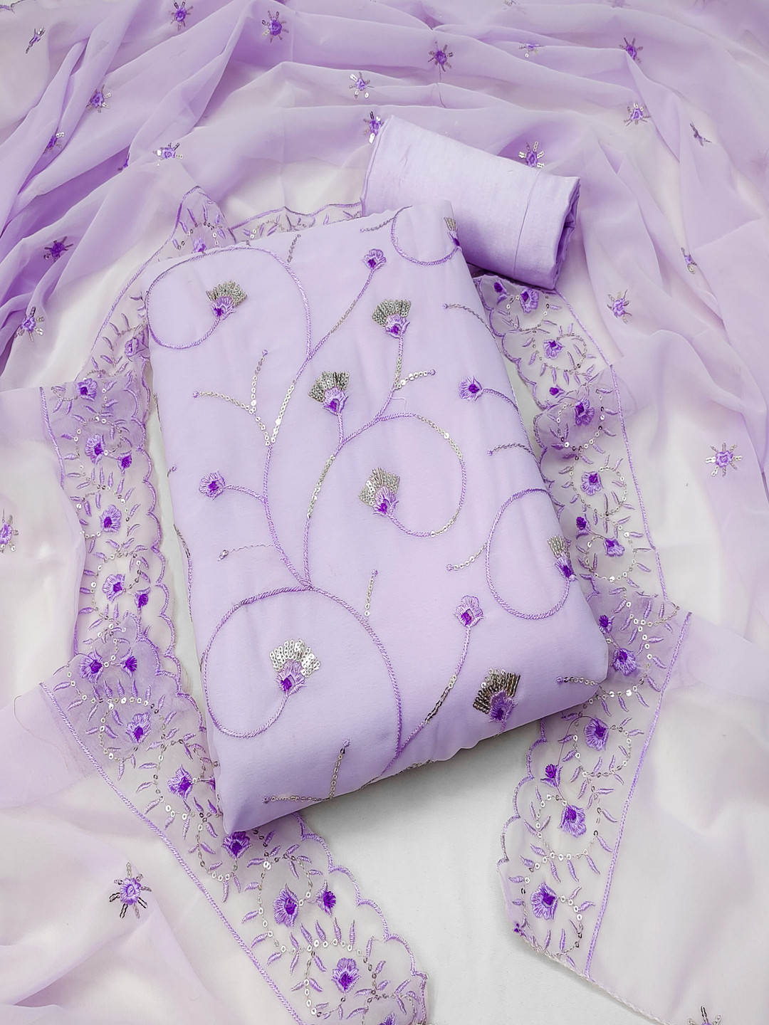 

Maroosh Floral Embroidered Sequinned Unstitched Dress Material, Purple