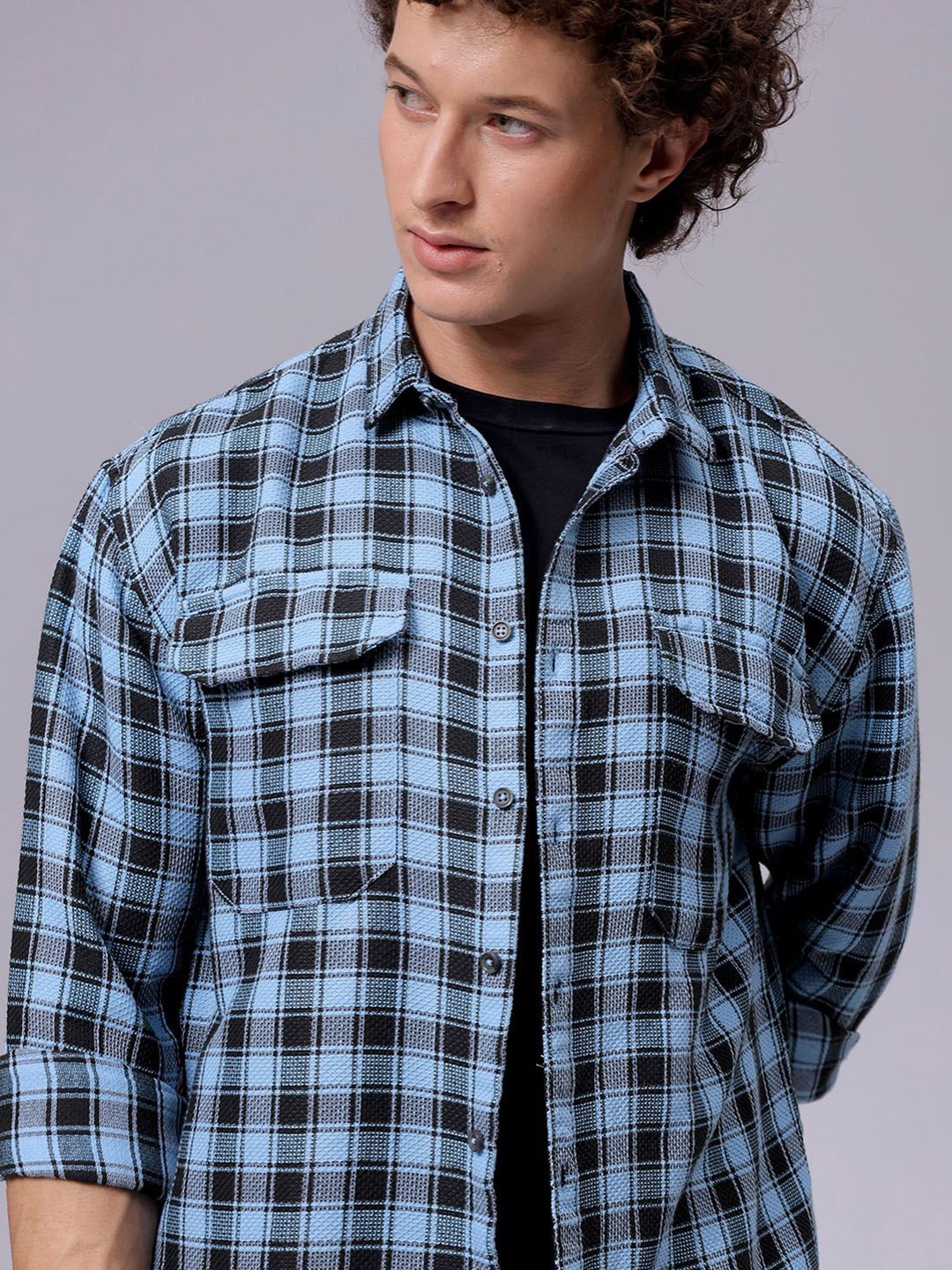 

The Indian Garage Co Men Textured Checked Pocket Detailing Relaxed Fit Casual Shacket, Blue