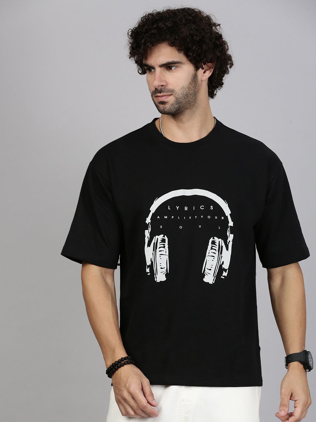 

MADSTO Men Typography Printed Cotton Oversized T-shirt, Black