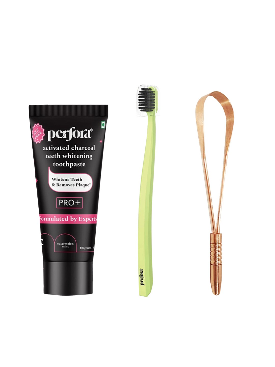 

Perfora Set of Dream White Toothbrush + Activated Charcoal Toothpaste + Tongue Cleaner, Copper