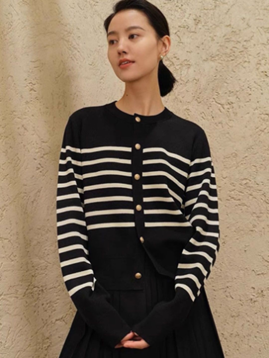 

StyleCast Women Striped Woollen Cardigan Sweater, Black
