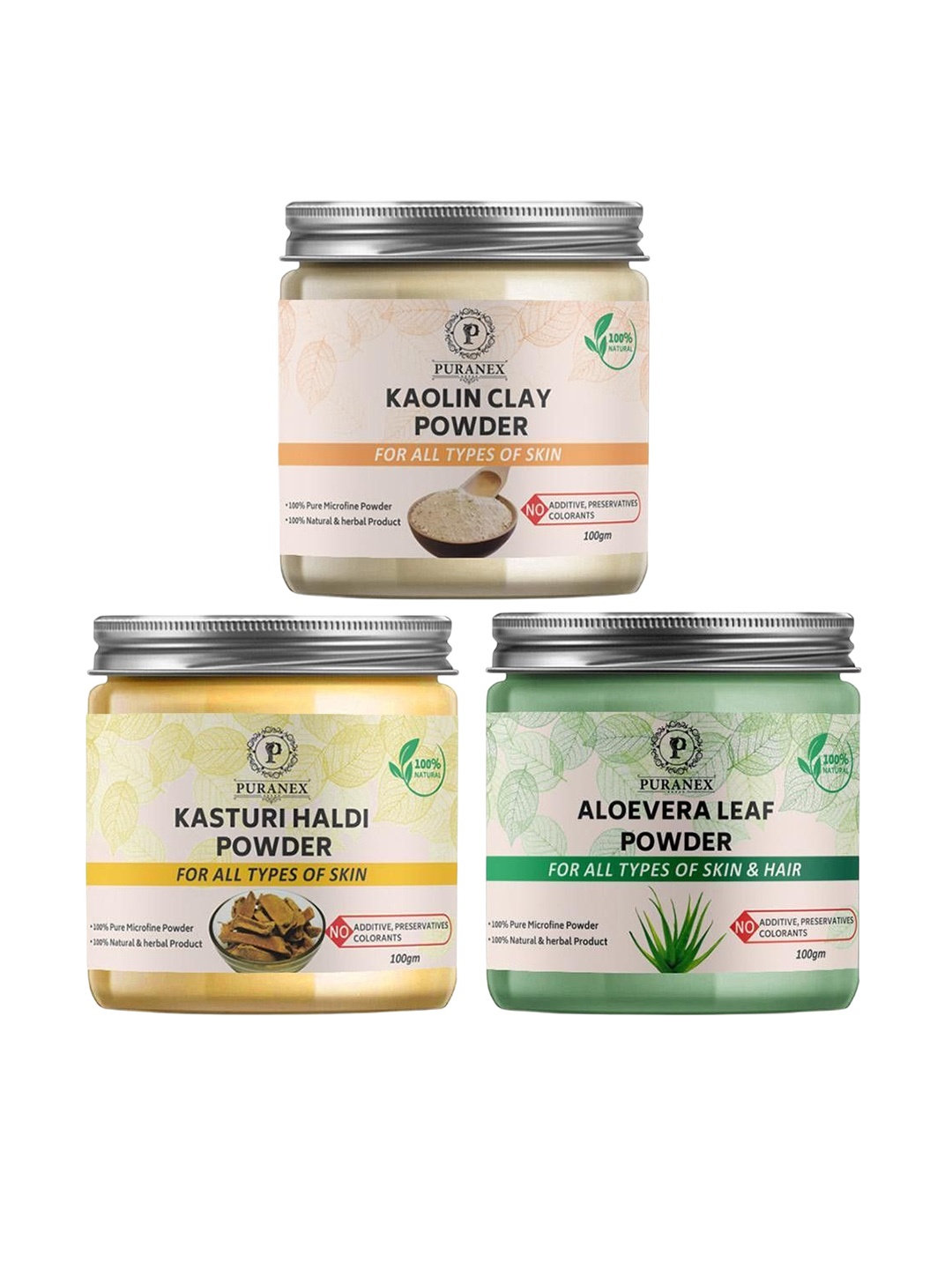 

Puranex Set Of 3 Aloe Vera, Aloevera Leaf & Kaolin Clay Skin & Hair Powder-100 g Each, White