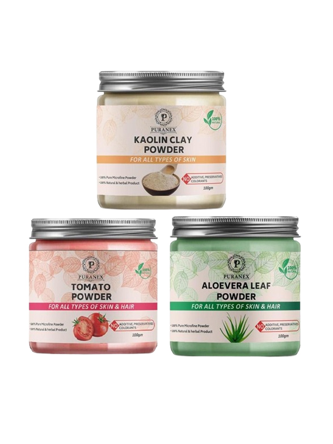 

Puranex Set Of 3 Natural Kaolin Clay - Tomato & Aloevera Leaf Powder - 100 g Each, White