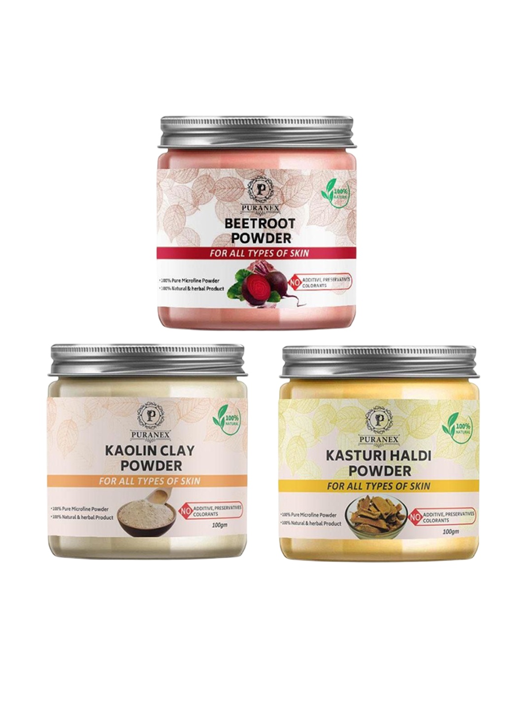 

Puranex Set Of 3 100% Natural & Pure Beetroot-Kaolin Clay & Kasturi haldi Powder-100g Each, White