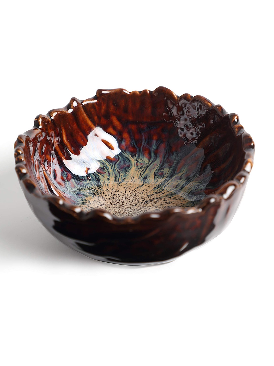 

AMALAFIEE CERAMICS Brown & Green 3 Pieces Printed Matte Ceramic Serving Bowl