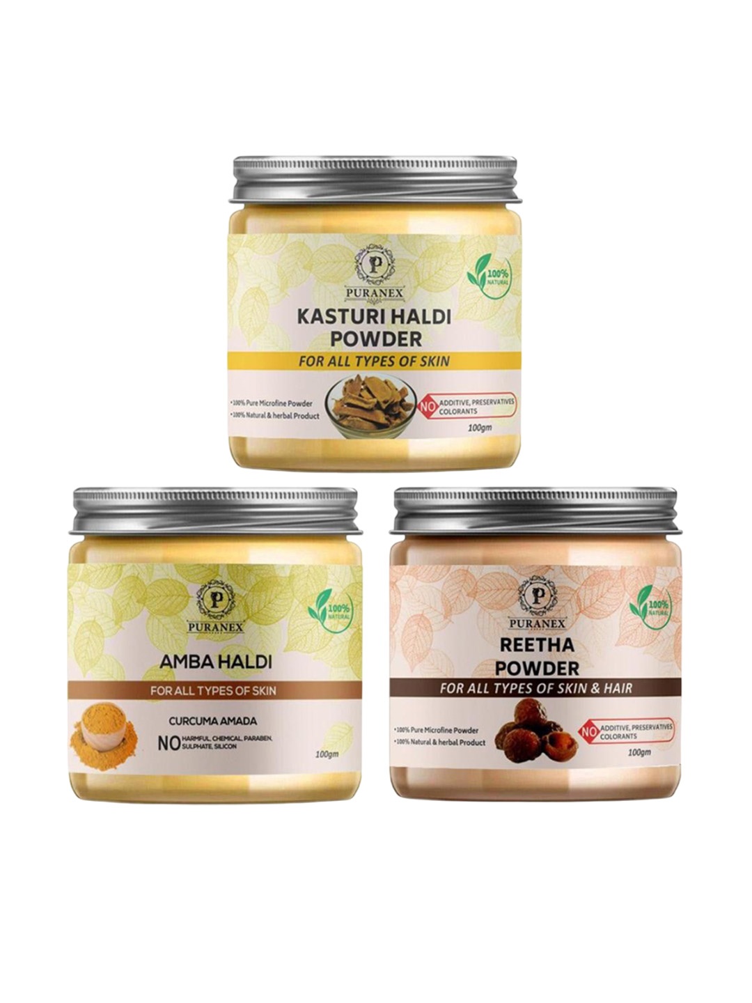 

Puranex Set Of 3 Natural Kasturi Haldi & Amba Haldi & Reetha Powder - 100 g Each, White