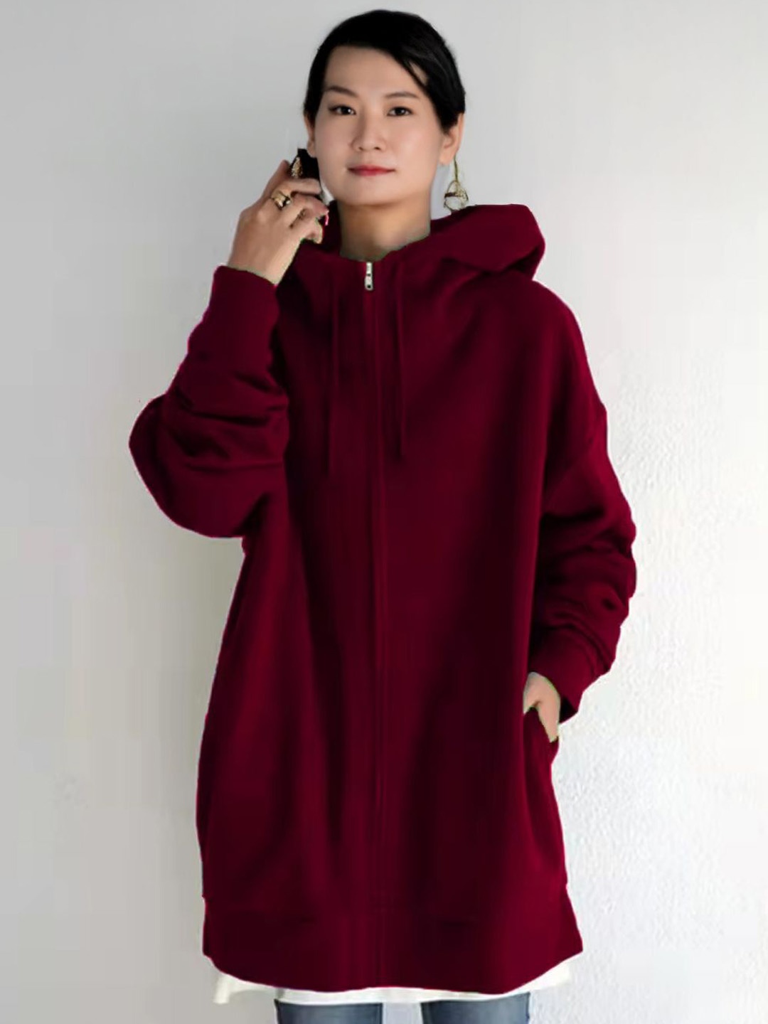 

StyleCast Women Hooded Longline Bomber Jacket, Maroon