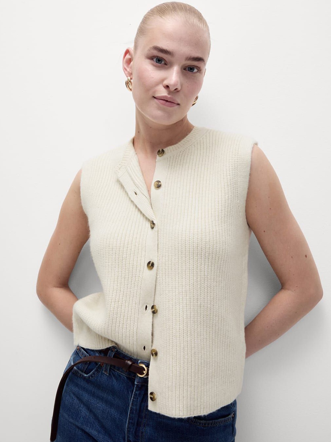

Marks & Spencer Round Neck Knitted Waistcoat, Beige