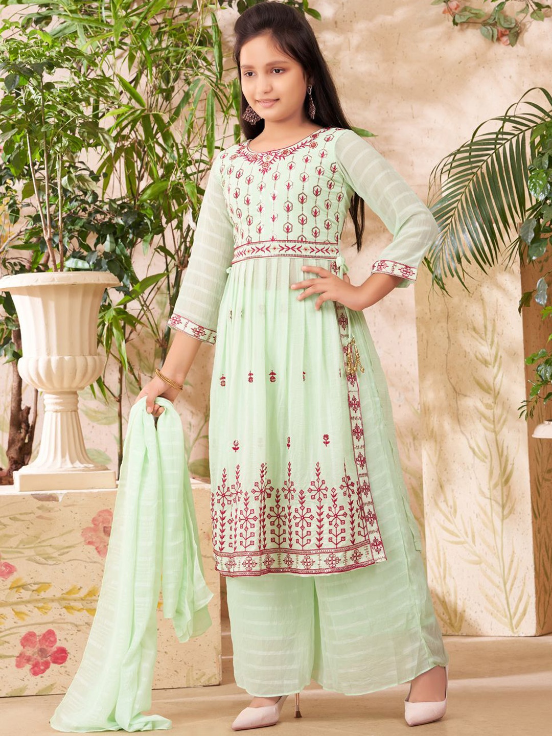 

Sangria Girls Floral Embroidered Sequinned Georgette A-Line Kurta With Sharara & Dupatta, Sea green