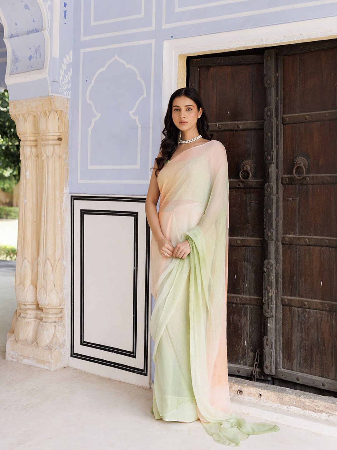 

Geroo Luxe Embellished Mukaish Pure Chiffon Ready to Wear Saree, Green