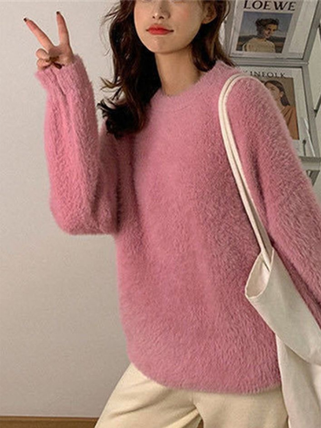 

LULU & SKY Women Round Neck Pullover With Fuzzy Details, Pink