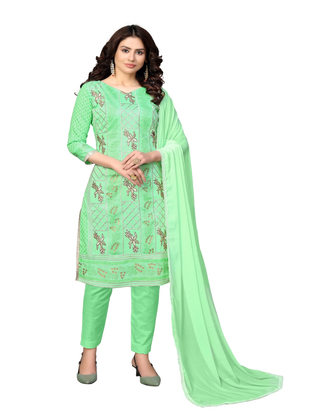 

Maroosh Floral Embroidered Beads and Stones Cotton Unstitched Dress Material, Green