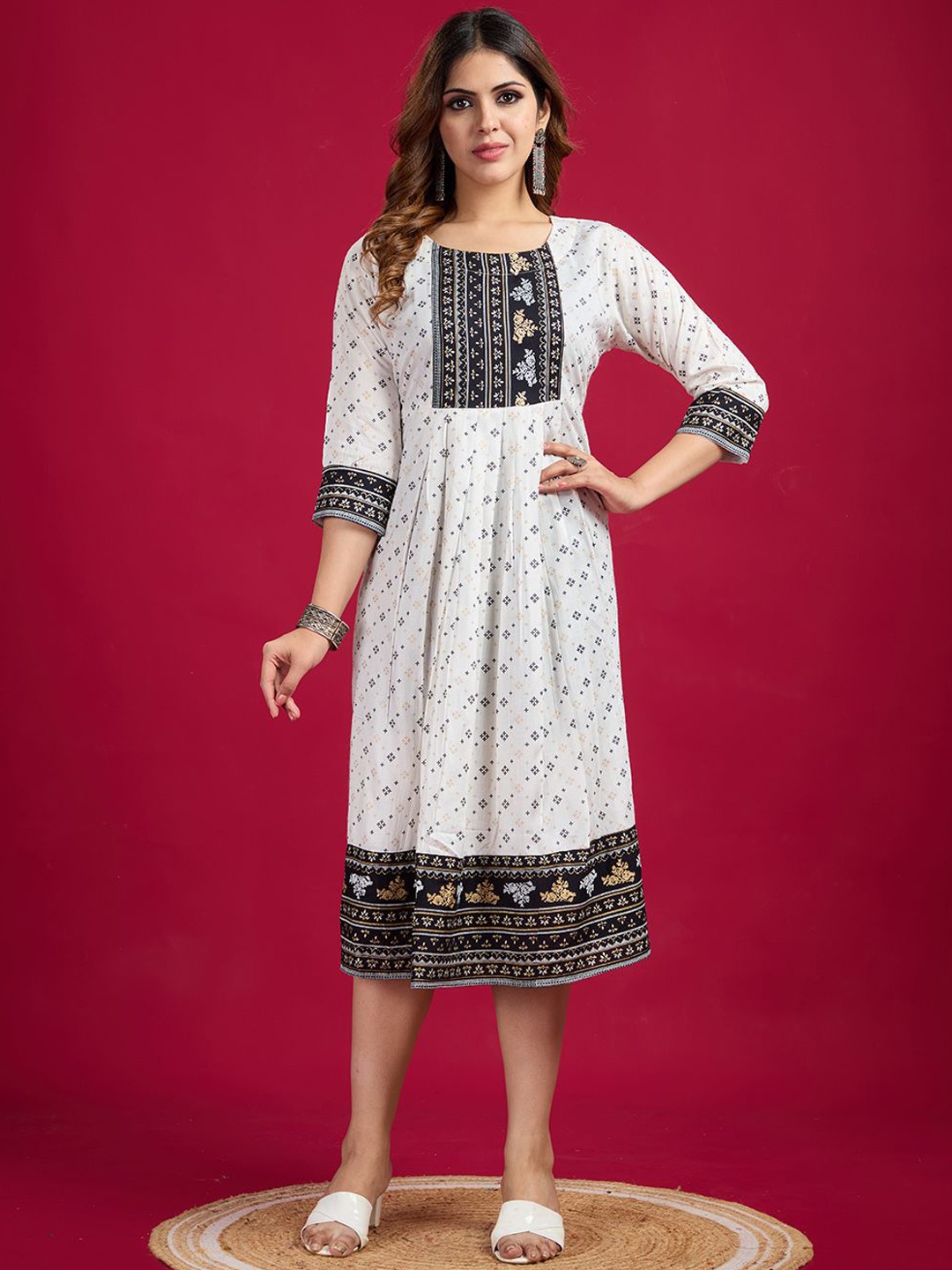 

NIRMAL CREATION Floral Printed Fit & Flare Midi Cotton Ethnic Dress, White