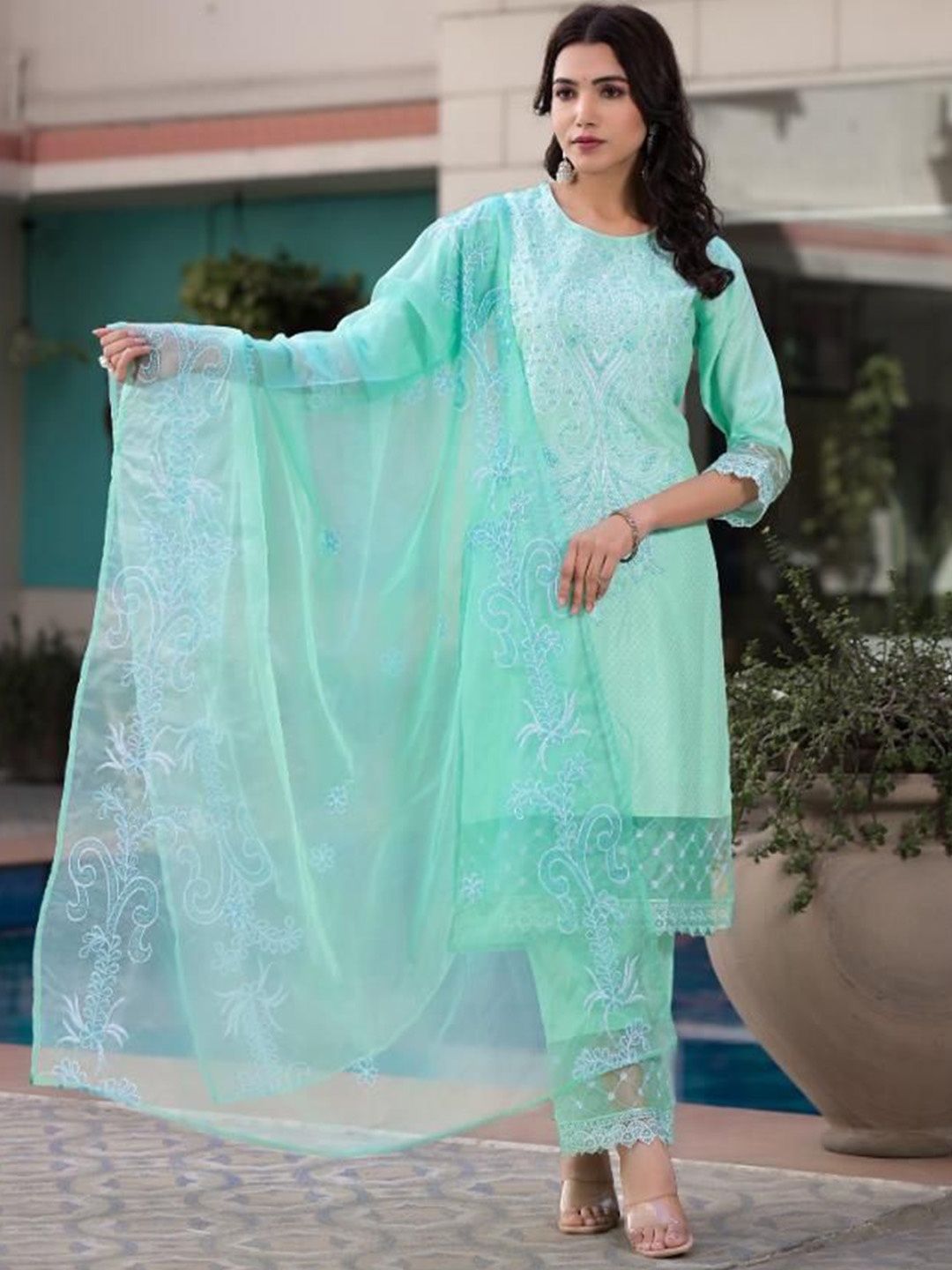 

FLAVIA CREATION Ethnic Motifs Embroidered Thread Work Kurta with Trousers & Dupatta, Blue