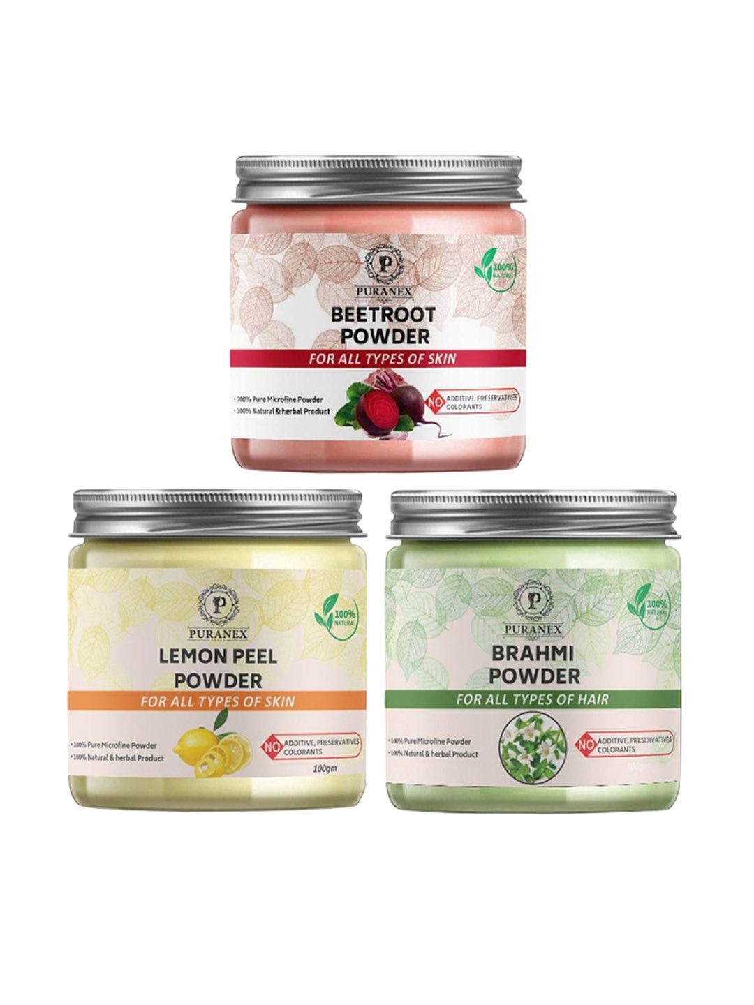 

Puranex Set Of 3 Beetroot, Lemon Peel & Brahmi Skin & Hair Powder-100 g Each, White