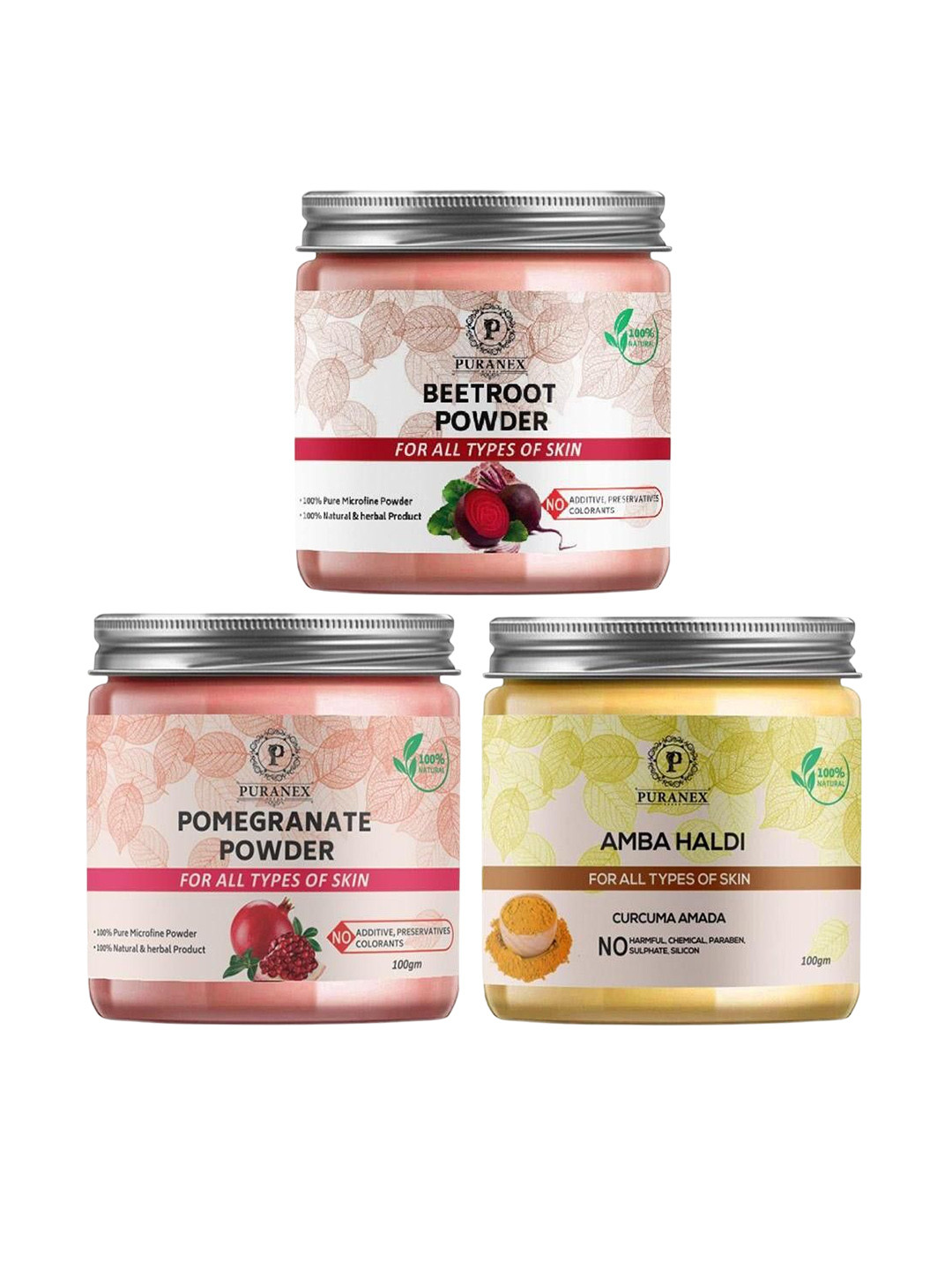 

Puranex Set Of 3 Natural Pomegranate - Amba Haldi & Beetroot Powder - 100g Each, Pink