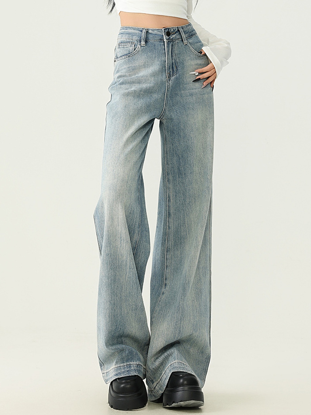 

LULU & SKY Women Wide Leg High-Rise Heavy Fade Jeans, Blue