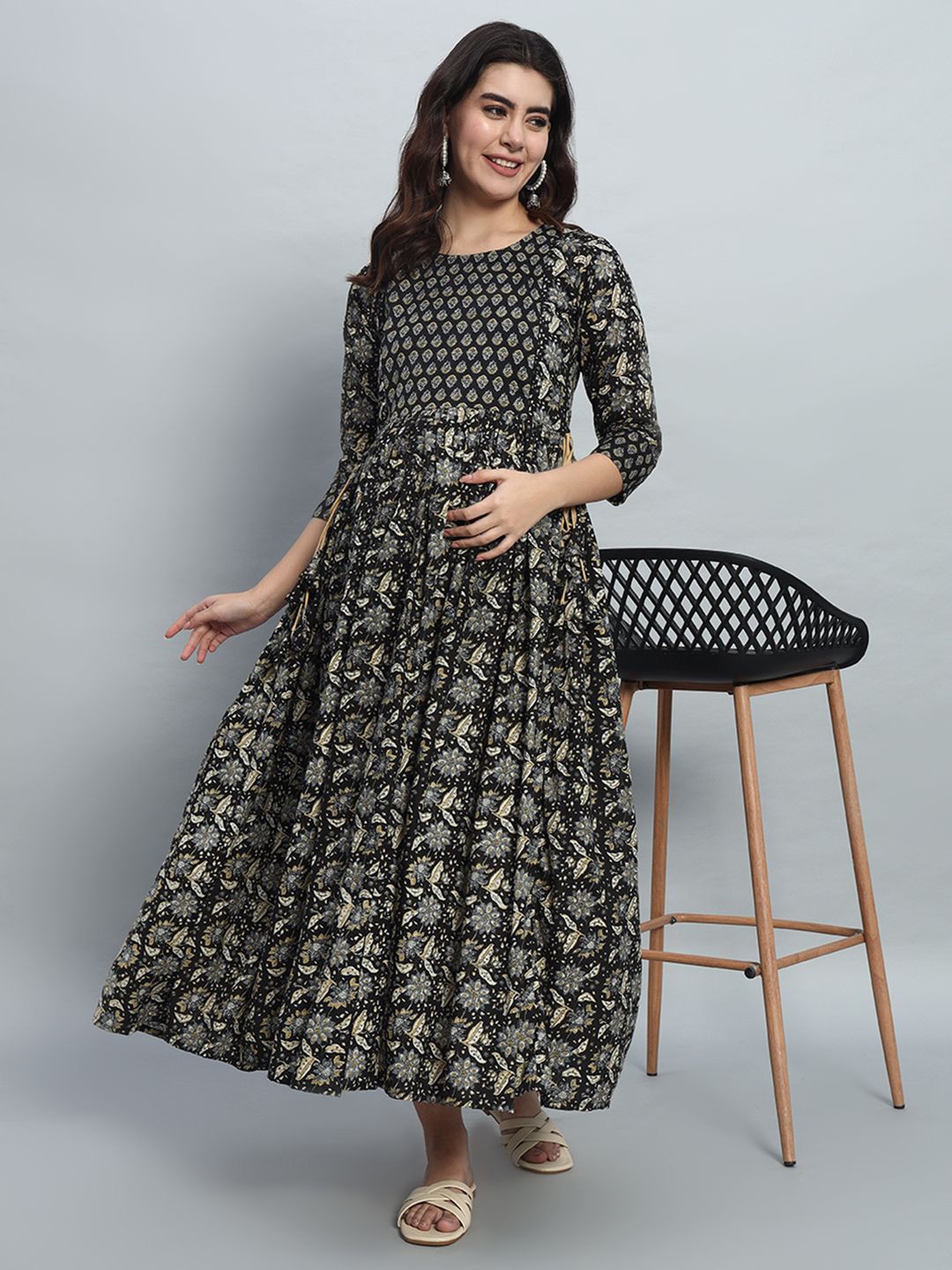 

Gujari Floral Print Maternity Fit & Flare Maxi Ethnic Dress, Black