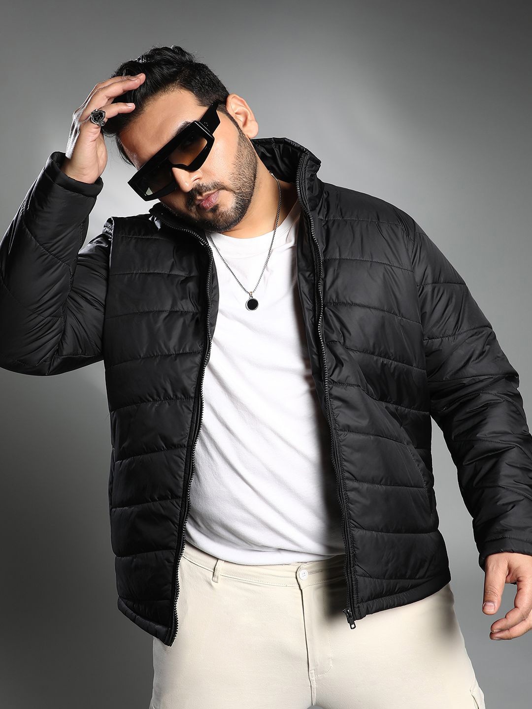 

Instafab Plus Size Men Solid Lightweight Quilted Jacket, Black