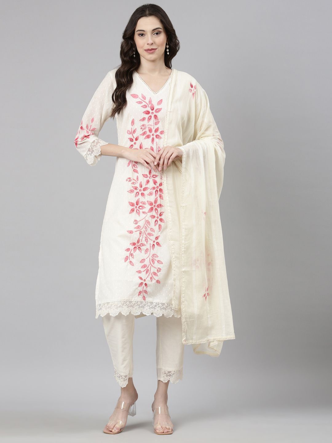 

Neerus Floral Printed Sequinned Kurta with Trouser & Dupatta, Pink