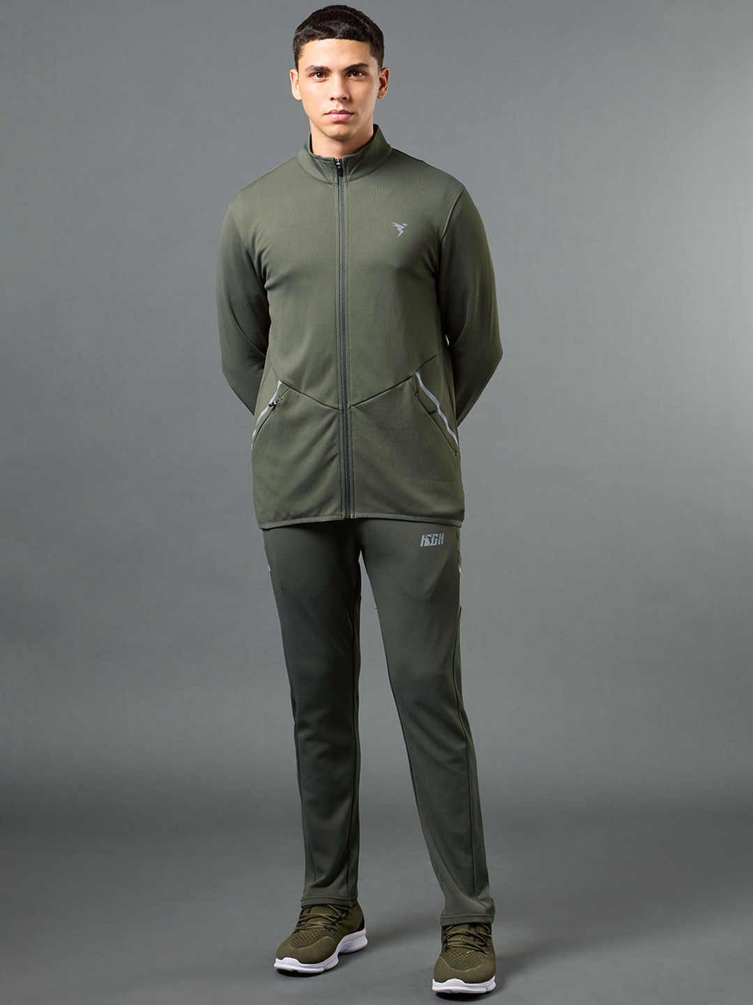 

Technosport Men Mock Collar Mid Rise Tracksuits, Olive