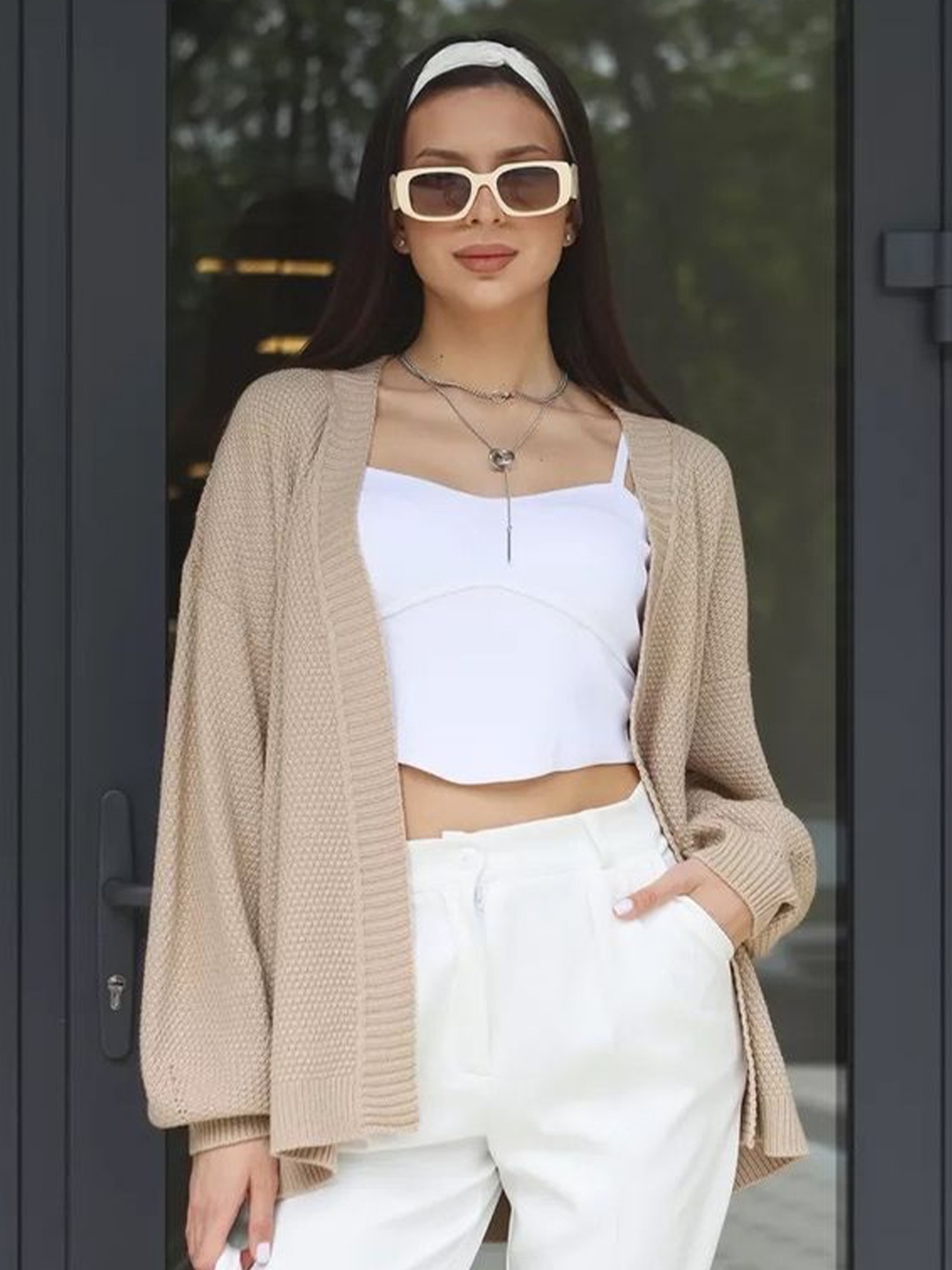 

LULU & SKY Women Self Design Shawl Collar Sweater, Beige