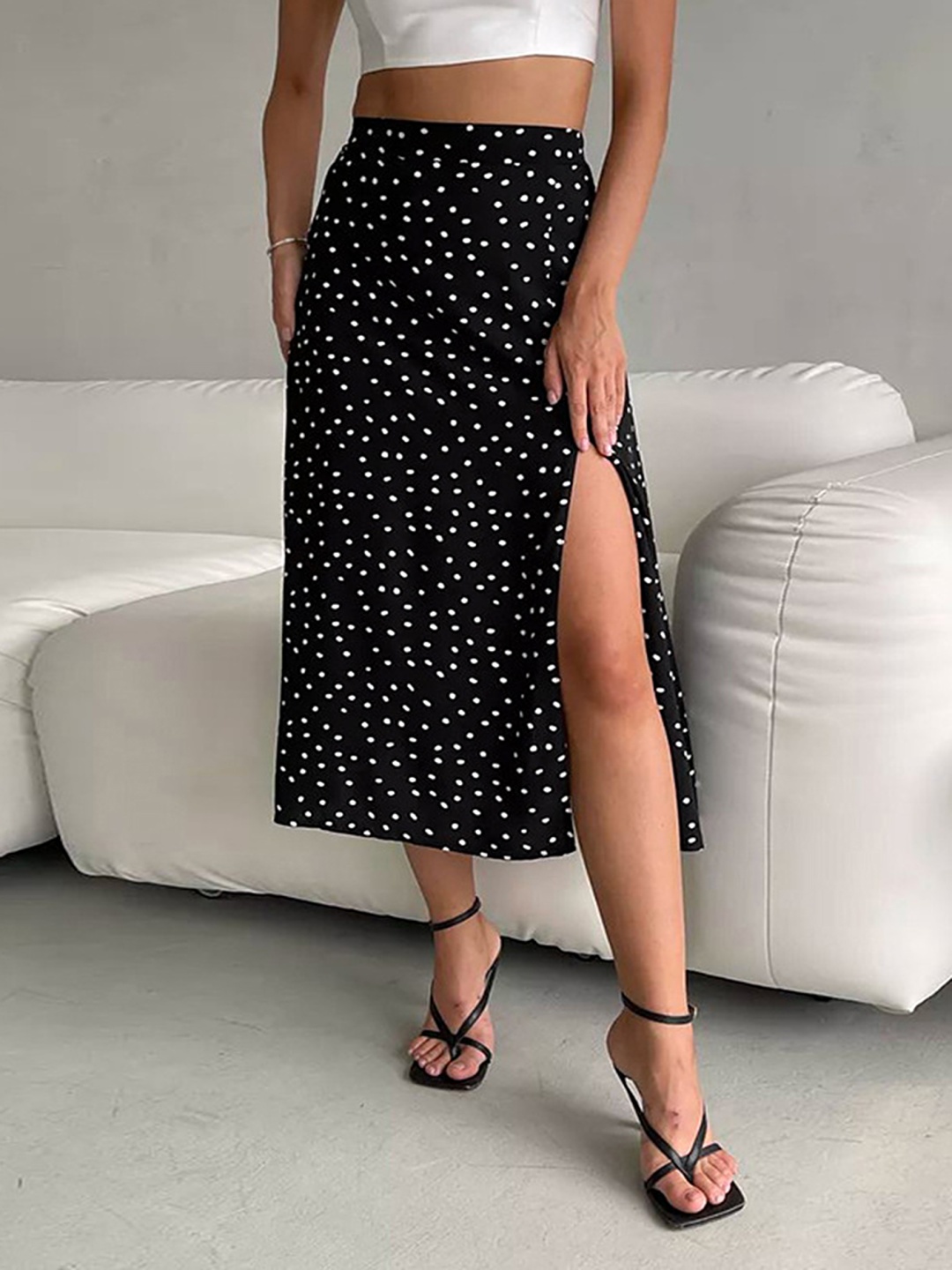 

LULU & SKY Women Polka Dot Printed A-Line Midi Skirt, Black