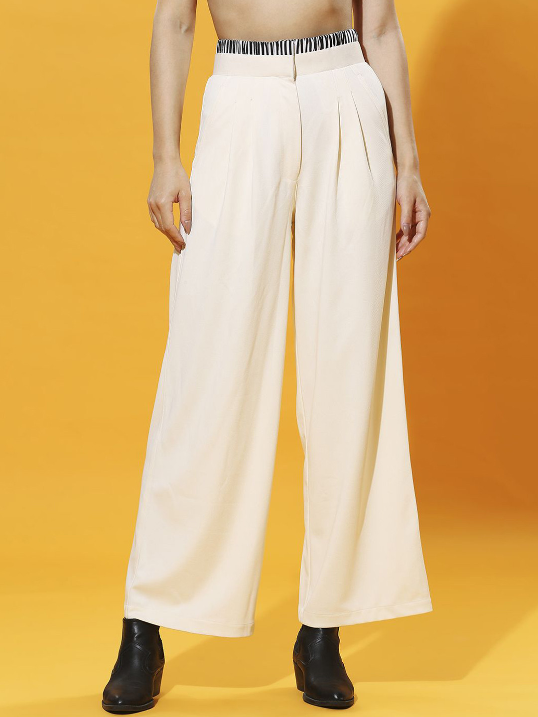 

HERE&NOW Women High-Rise Pleated Trousers, Beige