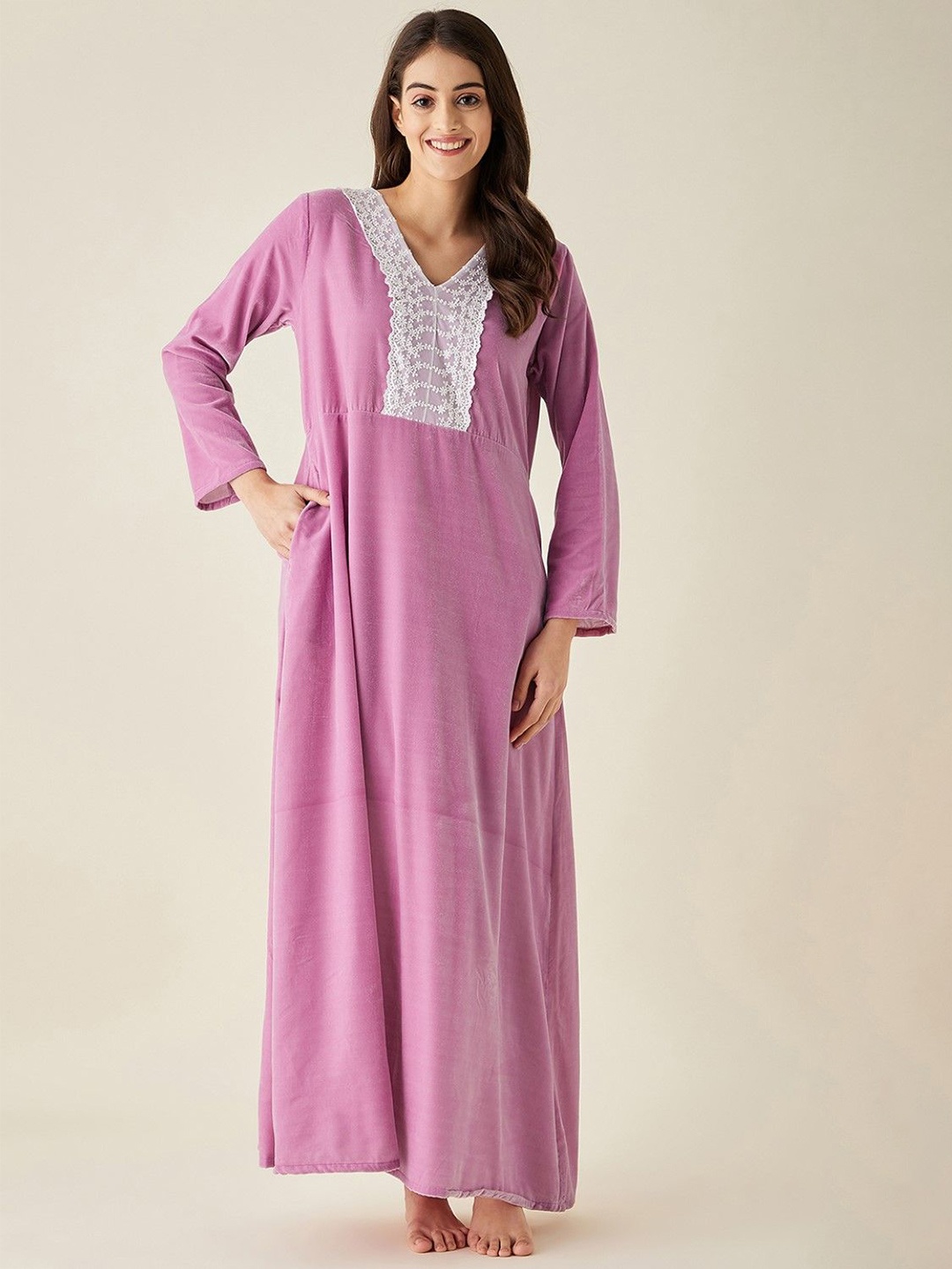 

The Kaftan Company Women Maxi Nightdress with Lace, Lavender