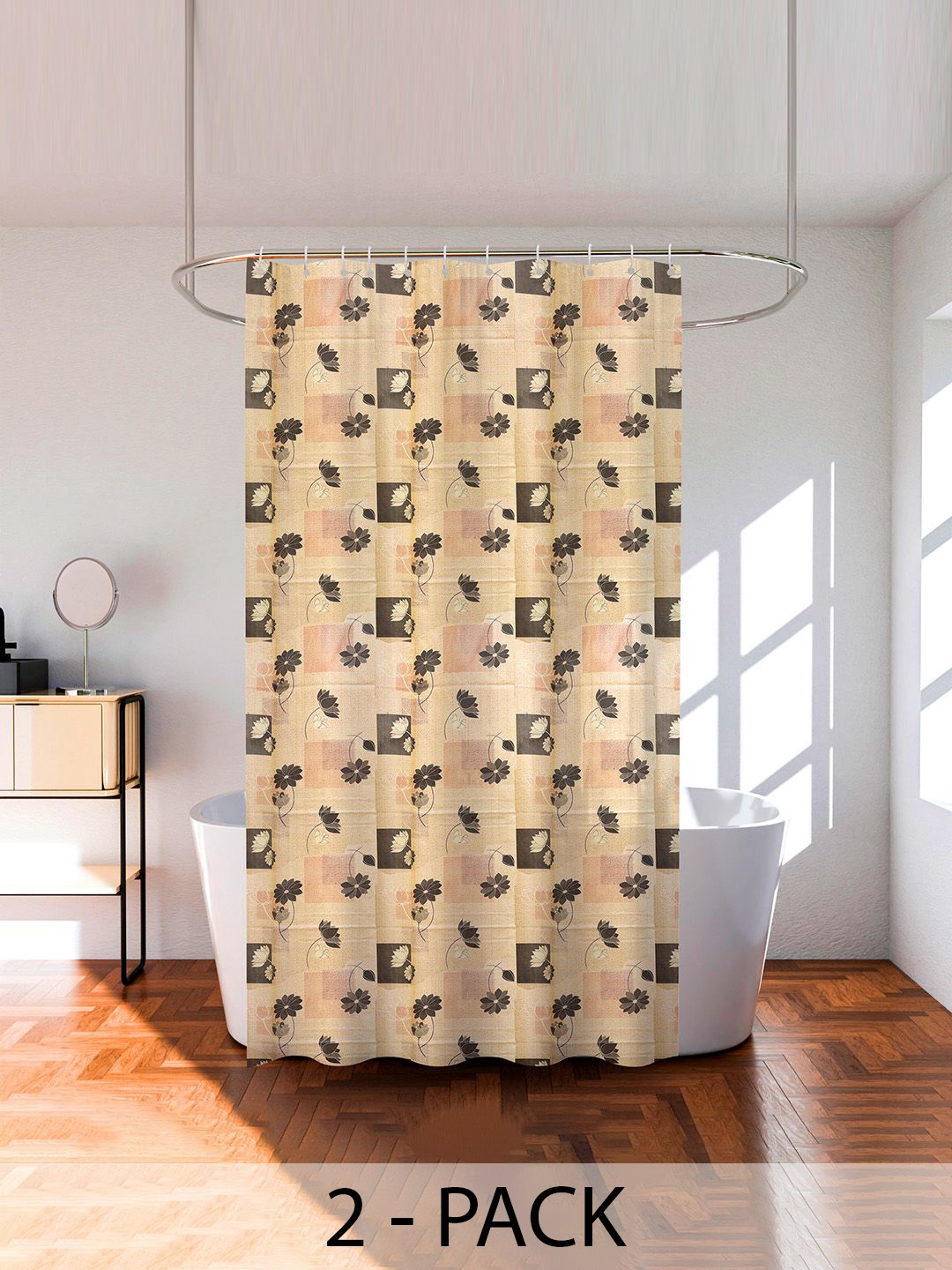 

Kuber Industries Beige & Black 2 Pieces Printed Shower Curtains