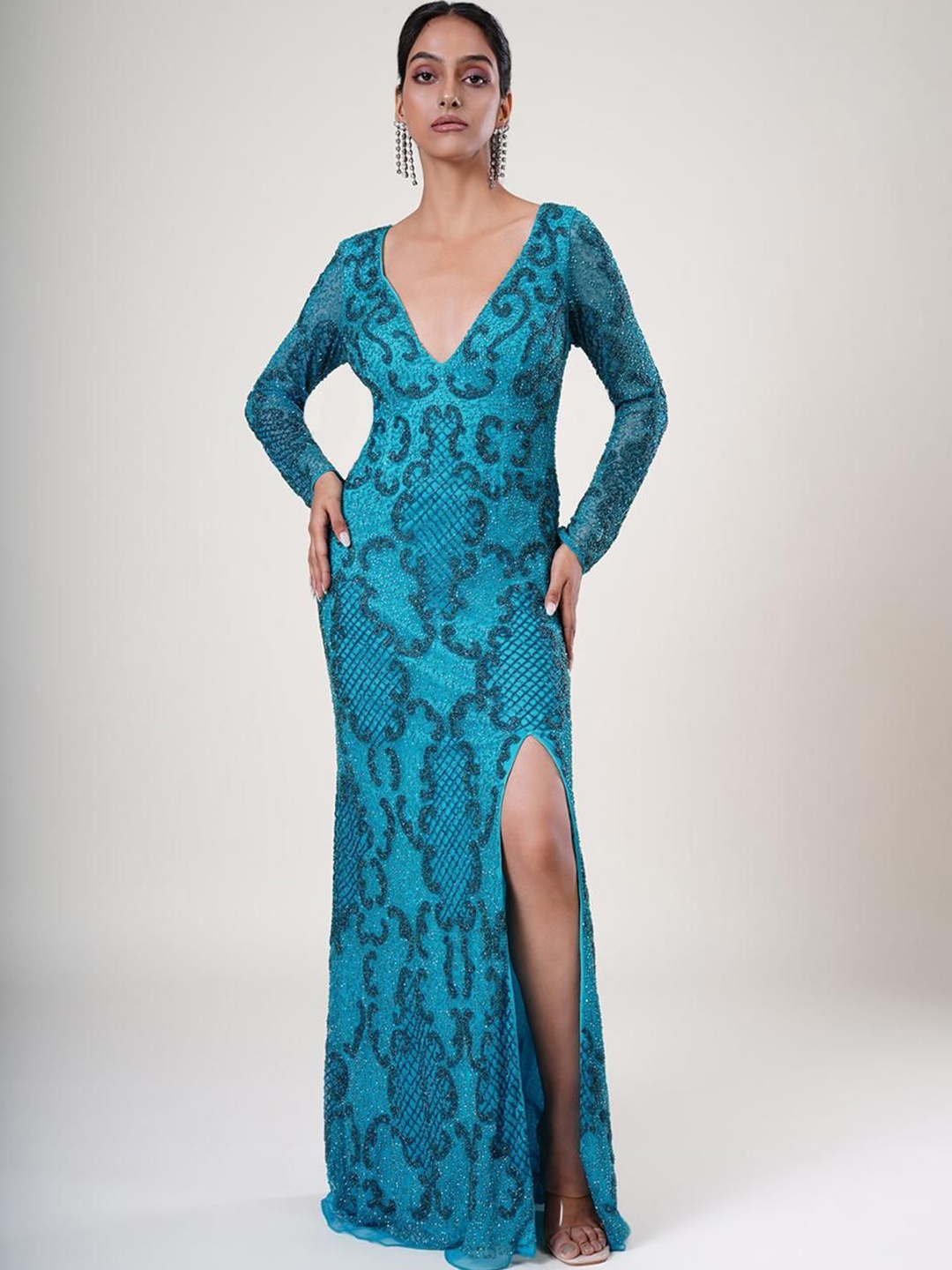 

UPGRADE Women Embellished Net Maxi Dress, Turquoise blue