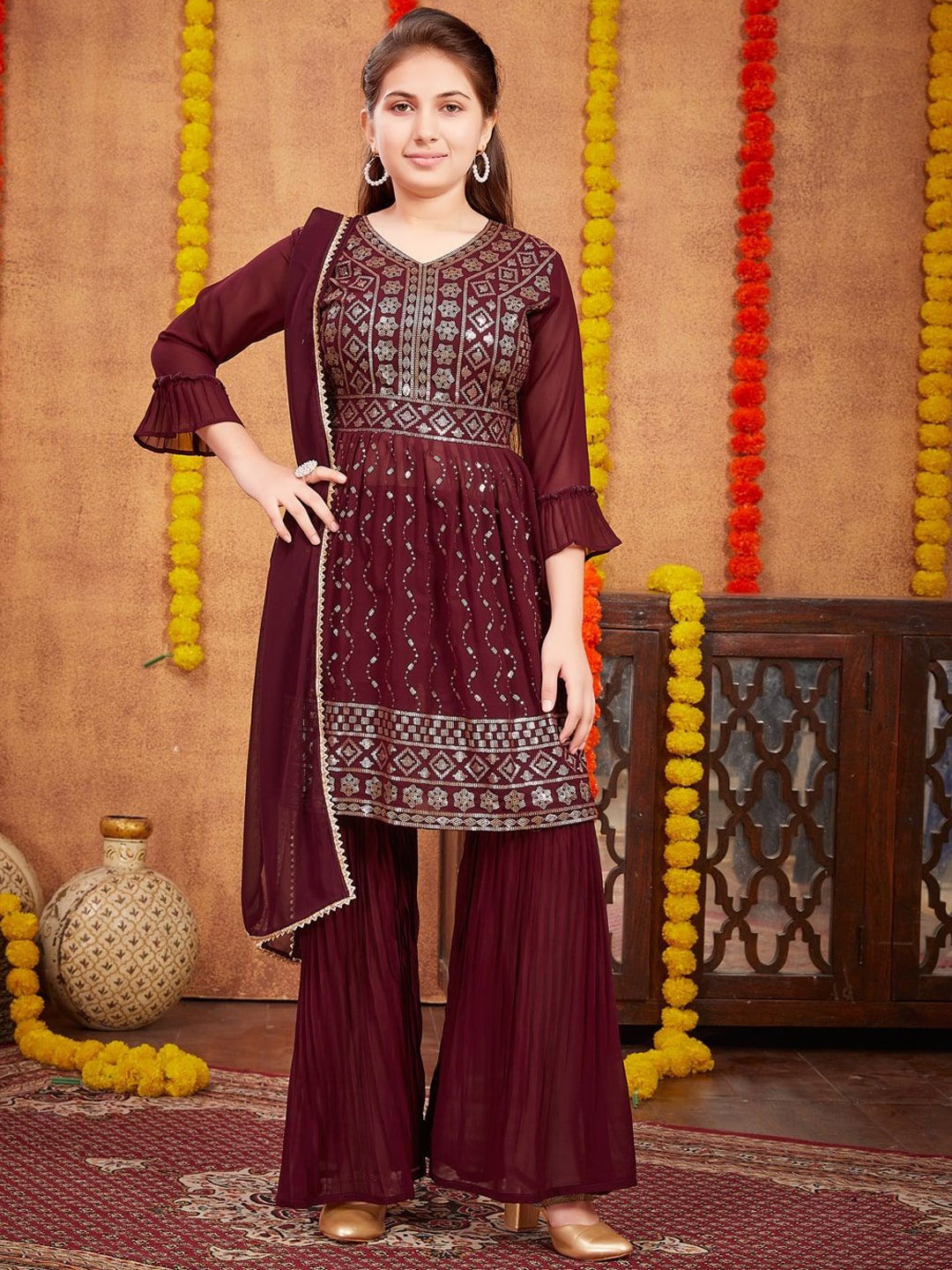 

Sangria Girls Floral Embroidered Sequinned A-Line Kurta & Sharara with Dupatta, Burgundy