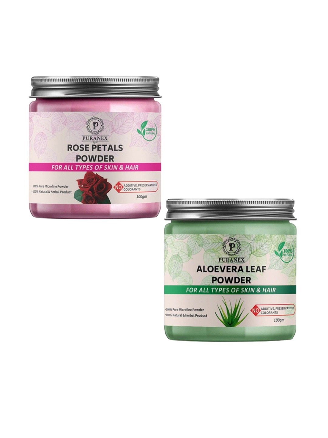 

Puranex Set Of 2 Aloe Vera Leaf & Rose Petal Skin & Hair Powder-100 g Each, White