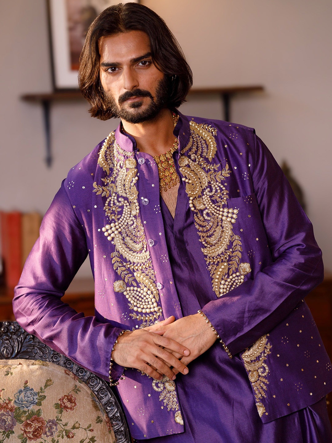 

PS MEN BY PAYAL SINGHAL Chanderi Silk Kurta with Churidar & Jacket, Purple