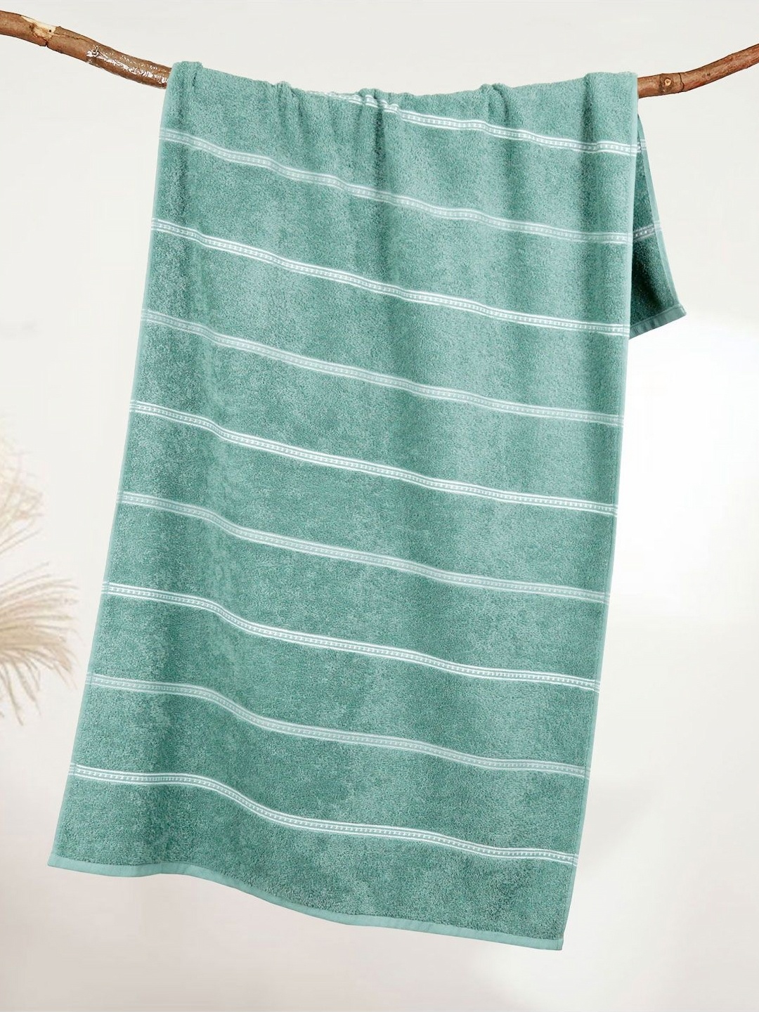

MYTRIDENT Green & White Striped Cotton 450 GSM Bath Towel