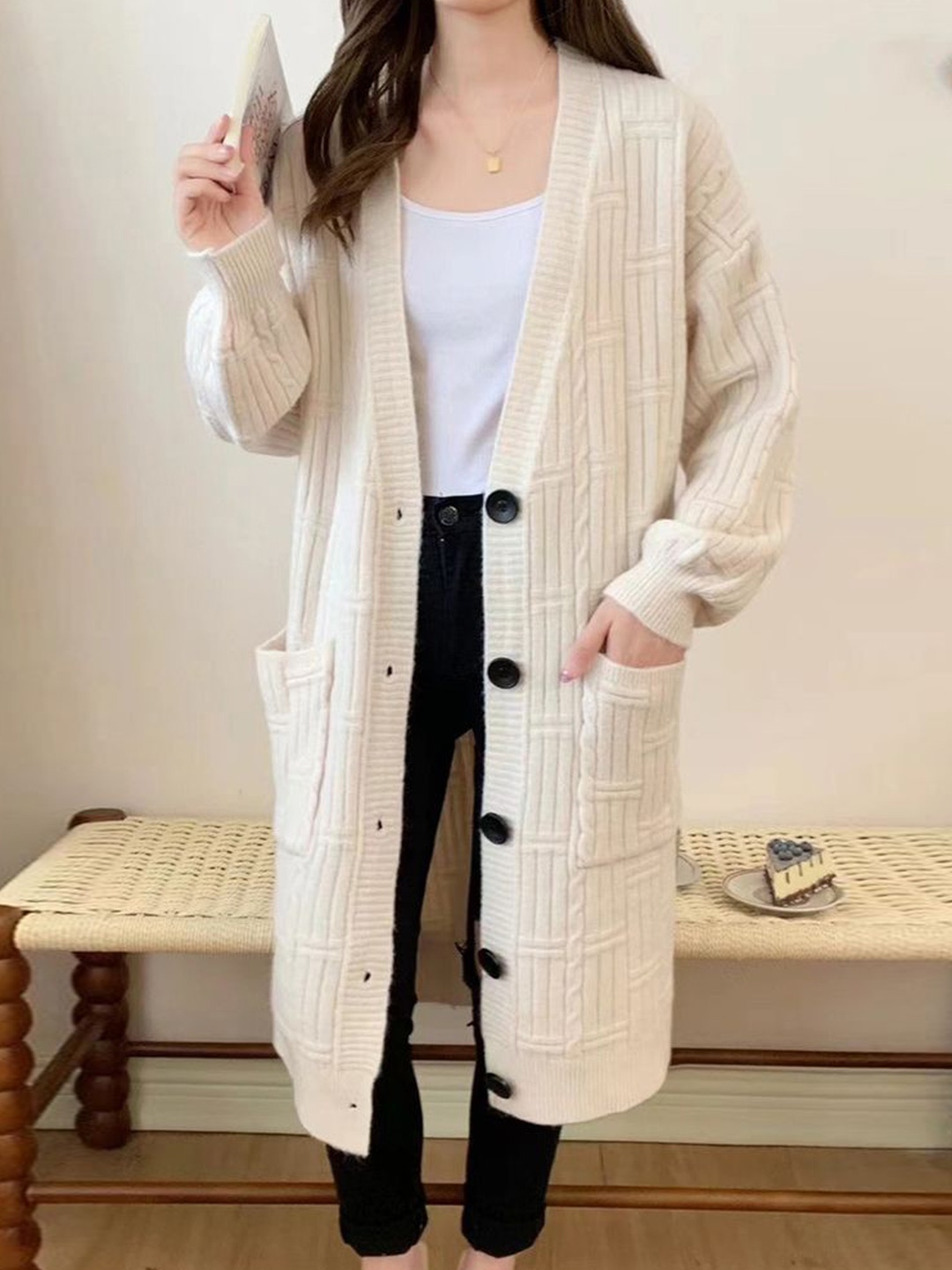 

LULU & SKY Women Longline Cardigan Sweaters, Off white