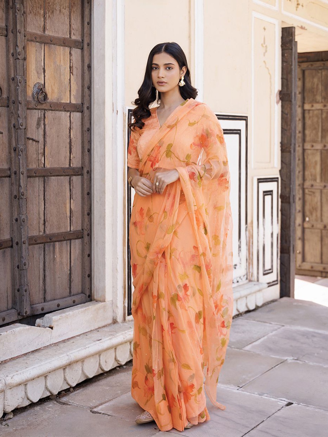 

Geroo Luxe Floral Printed Pure Chiffon Ready to Wear Saree, Orange